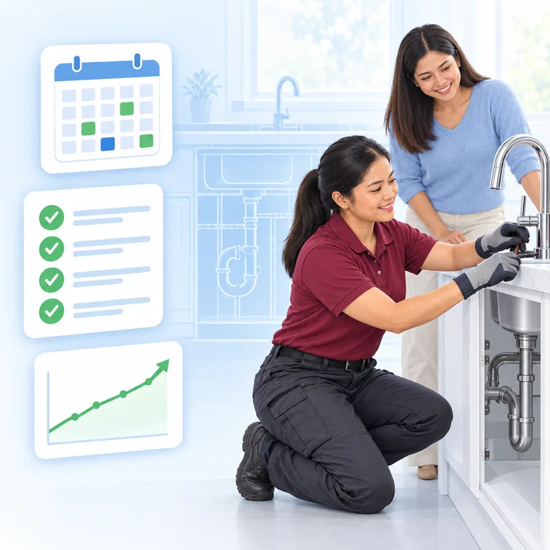 A tradeswoman fitting a kitchen tap while the homeowner looks on, with a checklist of completed work