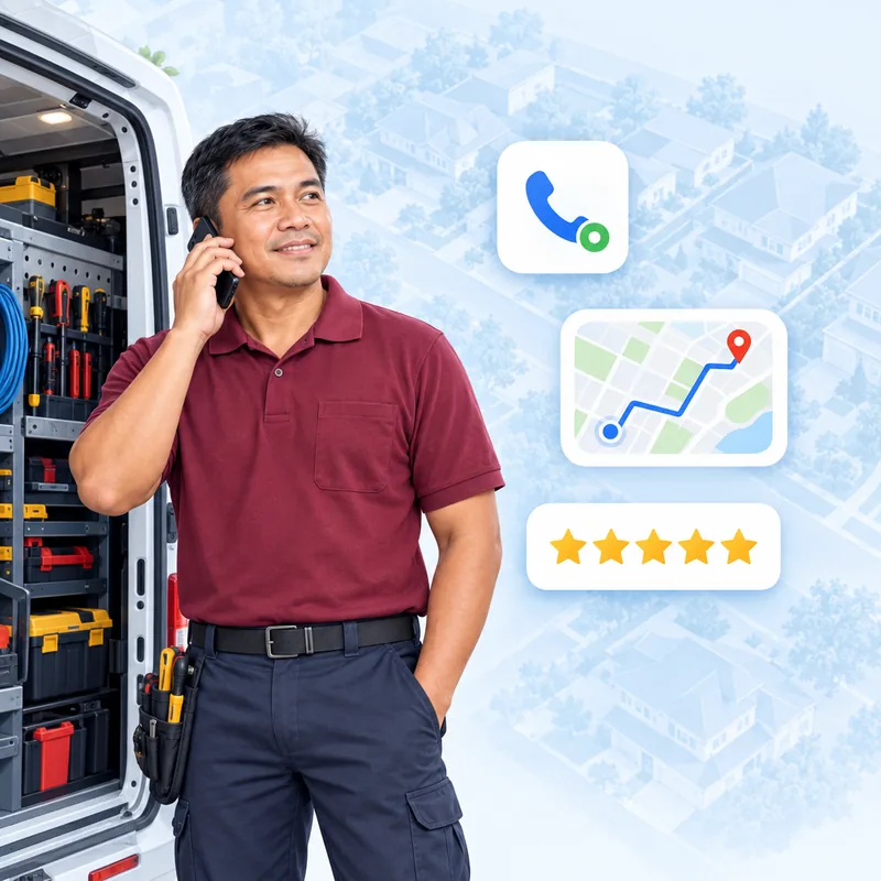 A tradesman taking a call beside his van, with a route map and a five-star review row beside him