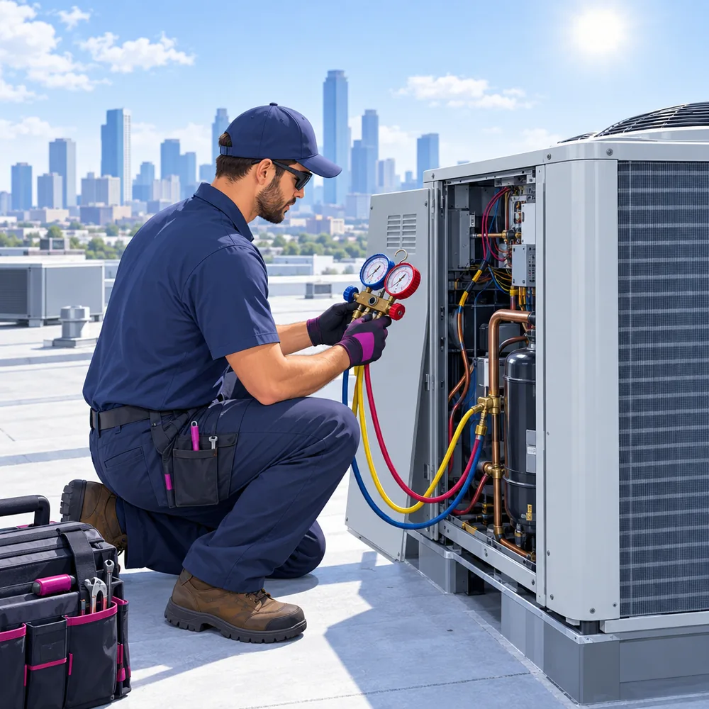 An HVAC technician on a flat roof servicing a rooftop air conditioning unit with the panel open and a gauge manifold in hand