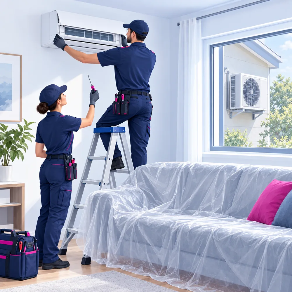 A technician on a step ladder fitting a wall-mounted air conditioning unit above a sofa covered with a dust sheet, a colleague passing a tool