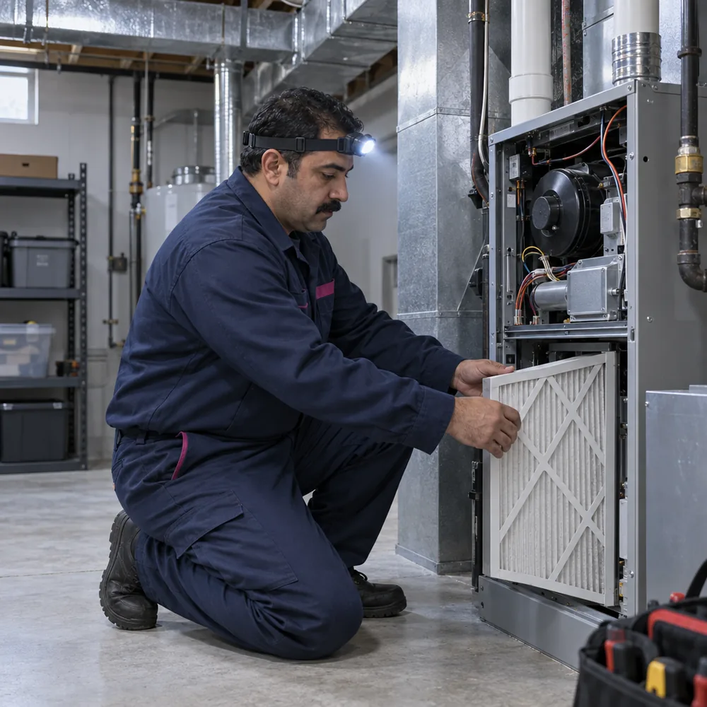 A technician in a basement replacing the filter in a home furnace, front panel off, ductwork overhead, headtorch on