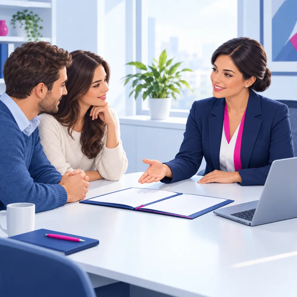 An insurance agent at a desk explaining something to a young couple seated opposite, an open folder between them and a laptop to one side