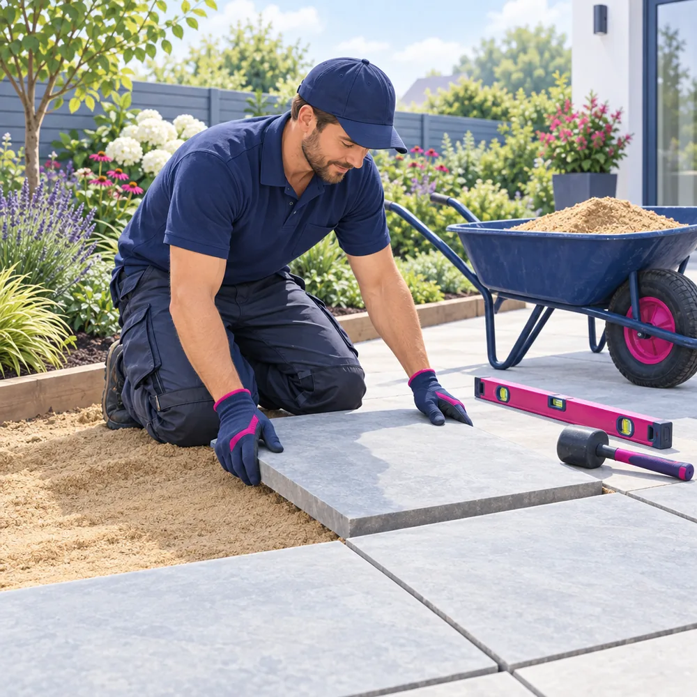 A landscaper laying paving slabs on a sand bed in a back garden, a wheelbarrow and a spirit level beside them