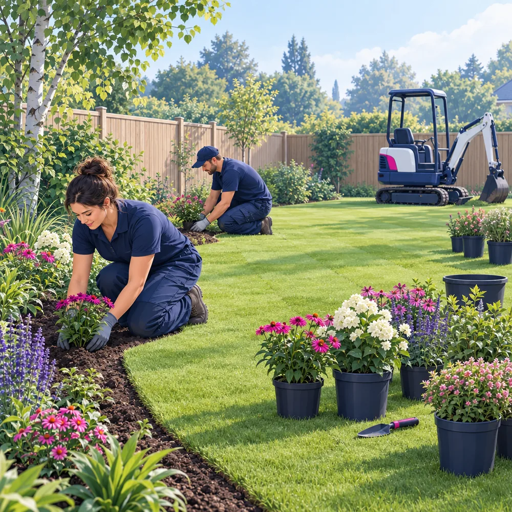 Two landscapers planting a border in a newly turfed garden, plants in pots waiting on the lawn, a small digger parked at the back