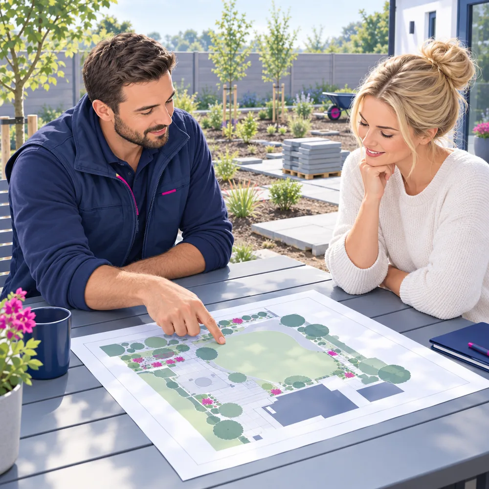 A landscaper showing a homeowner a printed garden plan at a patio table, the half-finished garden behind them