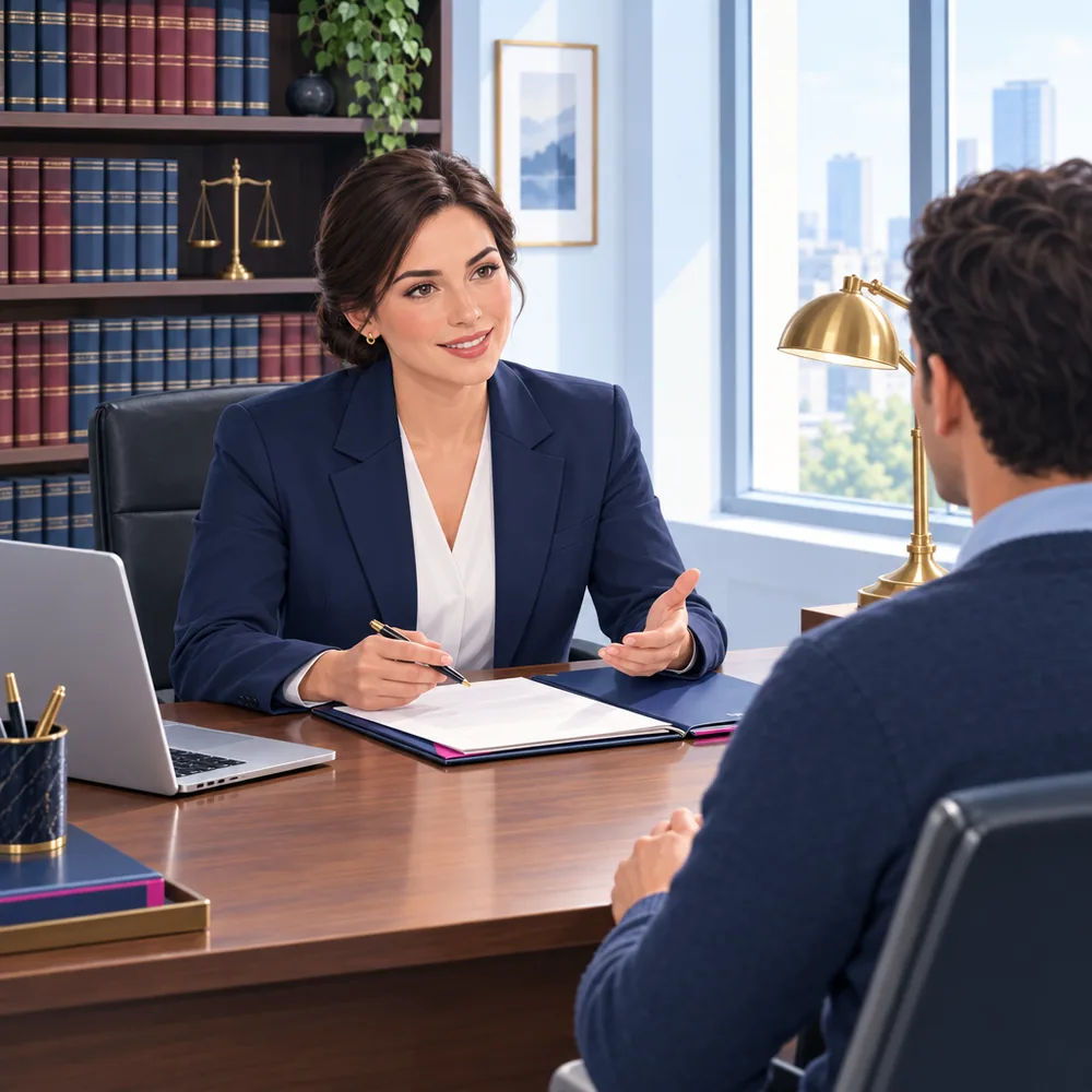 A lawyer in a suit at a desk talking with a client seated opposite, an open folder and a laptop between them and shelves of law books behind
