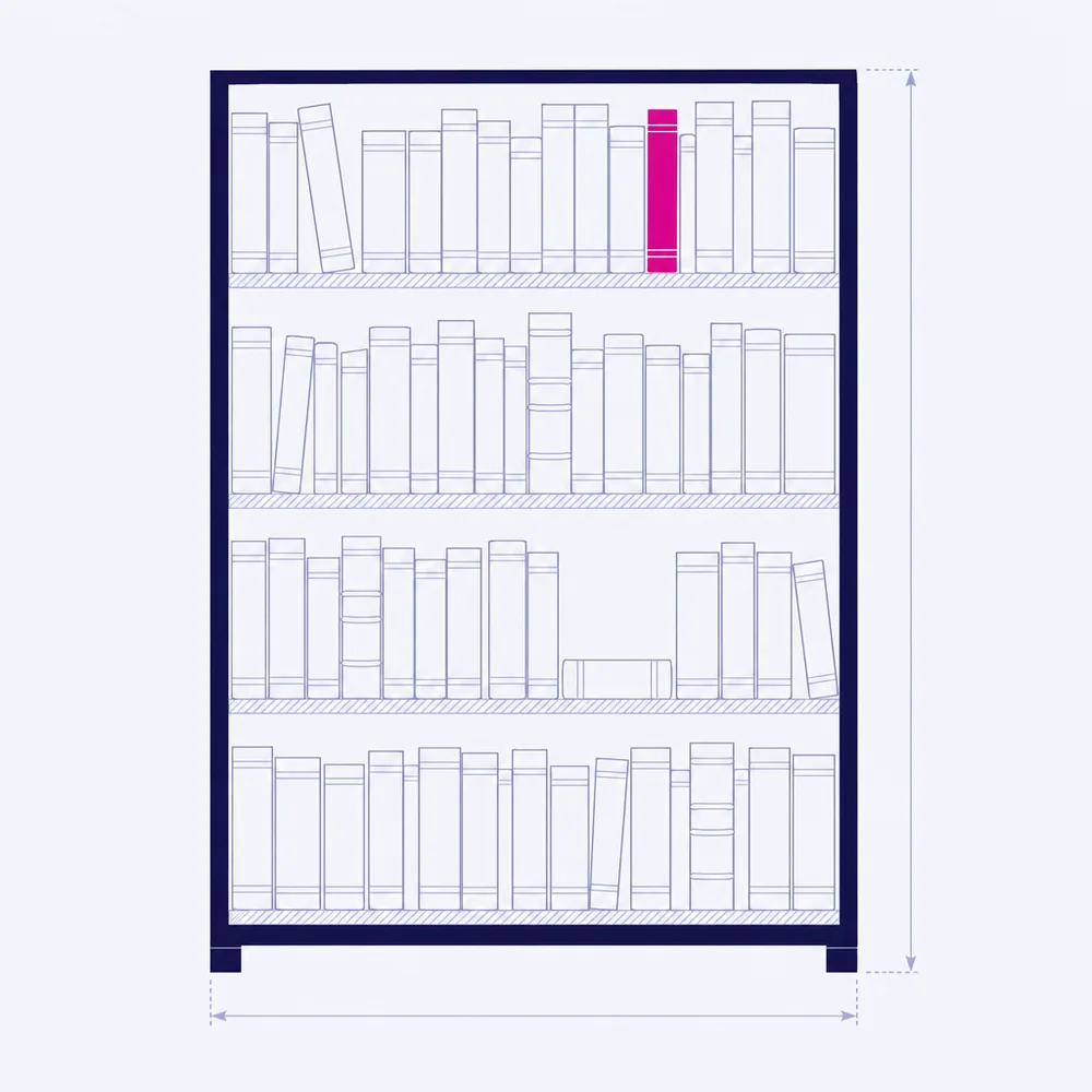 A law library bookcase in elevation: four shelves of bound volumes, with one drawn out and lying flat