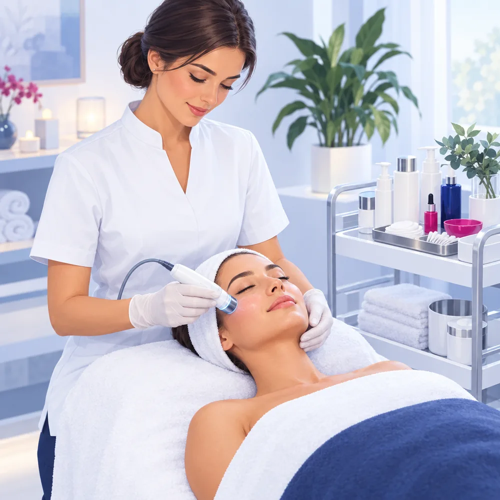 An aesthetics practitioner in a white tunic giving a facial treatment to a client reclined on a treatment bed, a trolley of supplies beside them