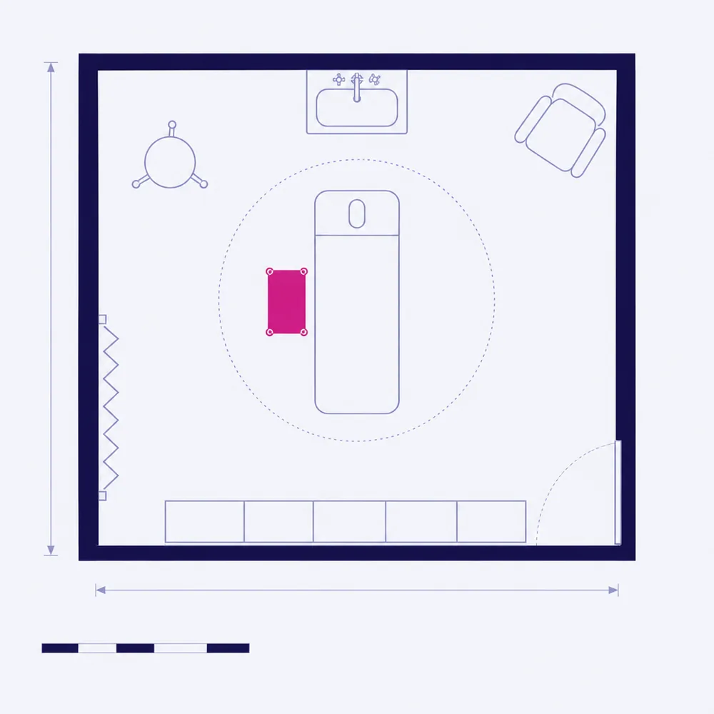 The plan of a treatment room: a couch with its working clearance dotted around it, a trolley, an equipment stand, a basin and a run of storage