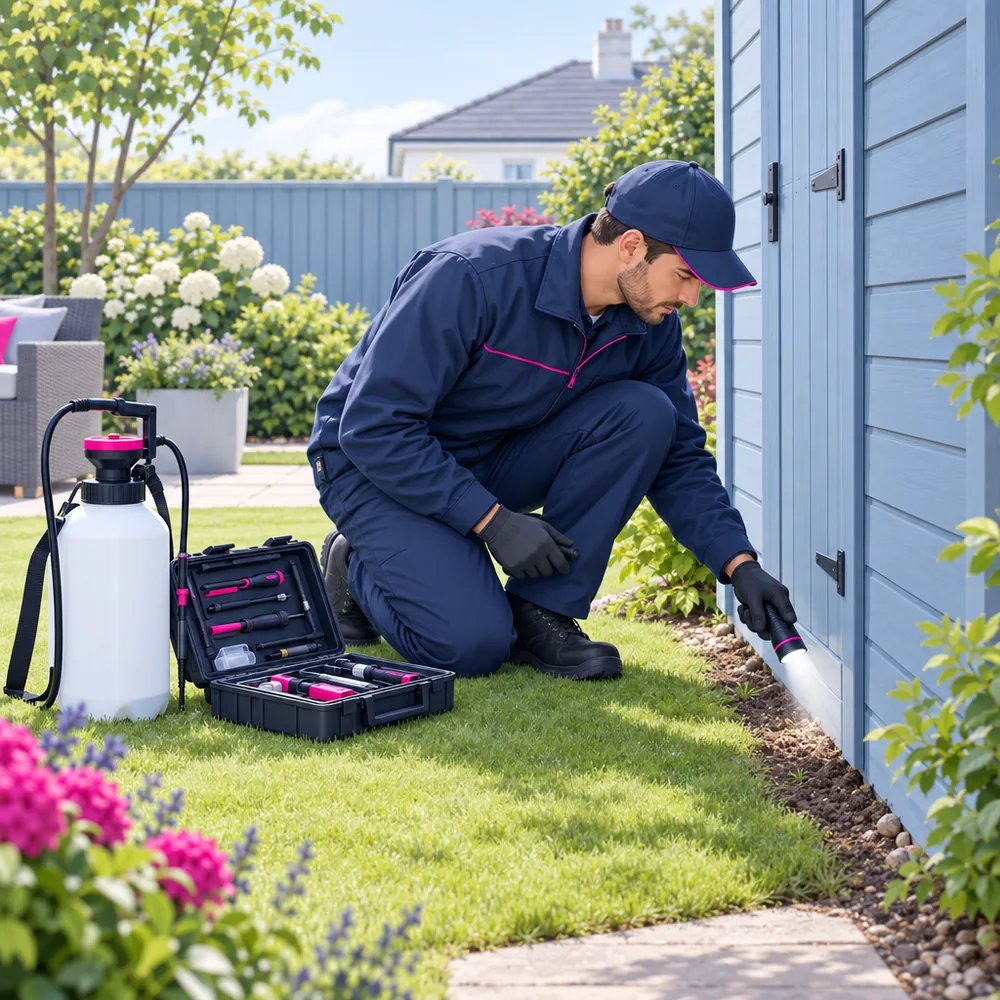 A pest control technician crouching by a garden shed inspecting the ground with a torch, a sprayer and a case of tools beside them