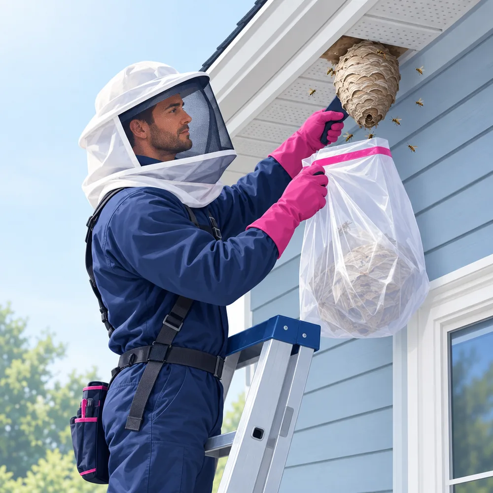A technician in a protective veil on a ladder removing a wasp nest from under the eaves of a house