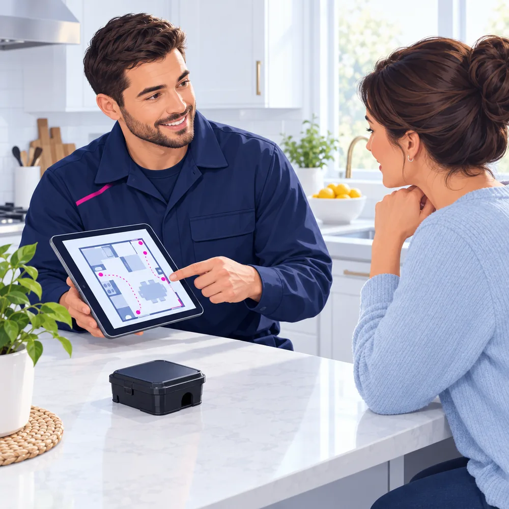 A technician showing a homeowner a treatment plan on a tablet at the kitchen table, a sealed bait station on the counter