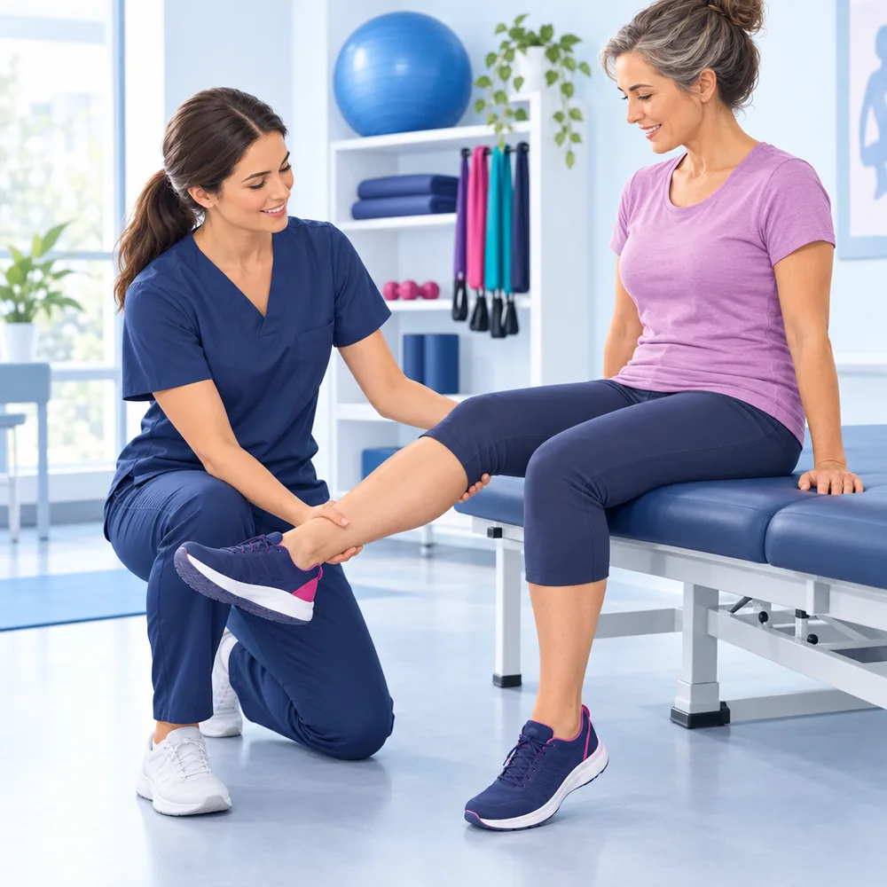 A physiotherapist guiding a patient through a knee exercise, the patient seated on the edge of a treatment table with the therapist supporting the leg