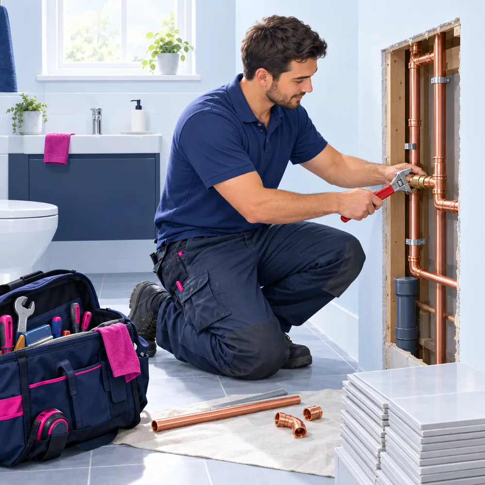 A plumber kneeling at an open bathroom wall fitting new copper pipework with a wrench, a toolbag open beside them