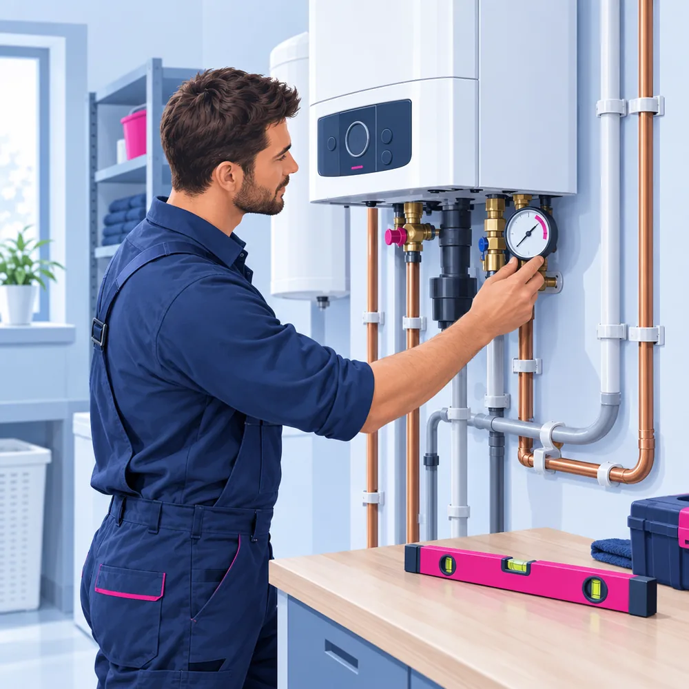 A plumber installing a wall-mounted boiler in a utility room, checking a gauge, pipes clipped neatly to the wall
