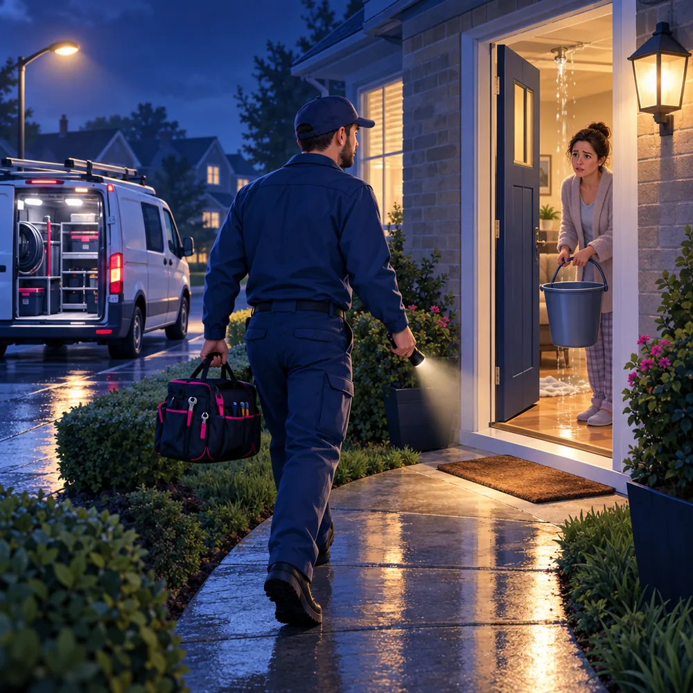 A plumber walking up a garden path at night with a toolbag and torch towards a homeowner holding a bucket at the door