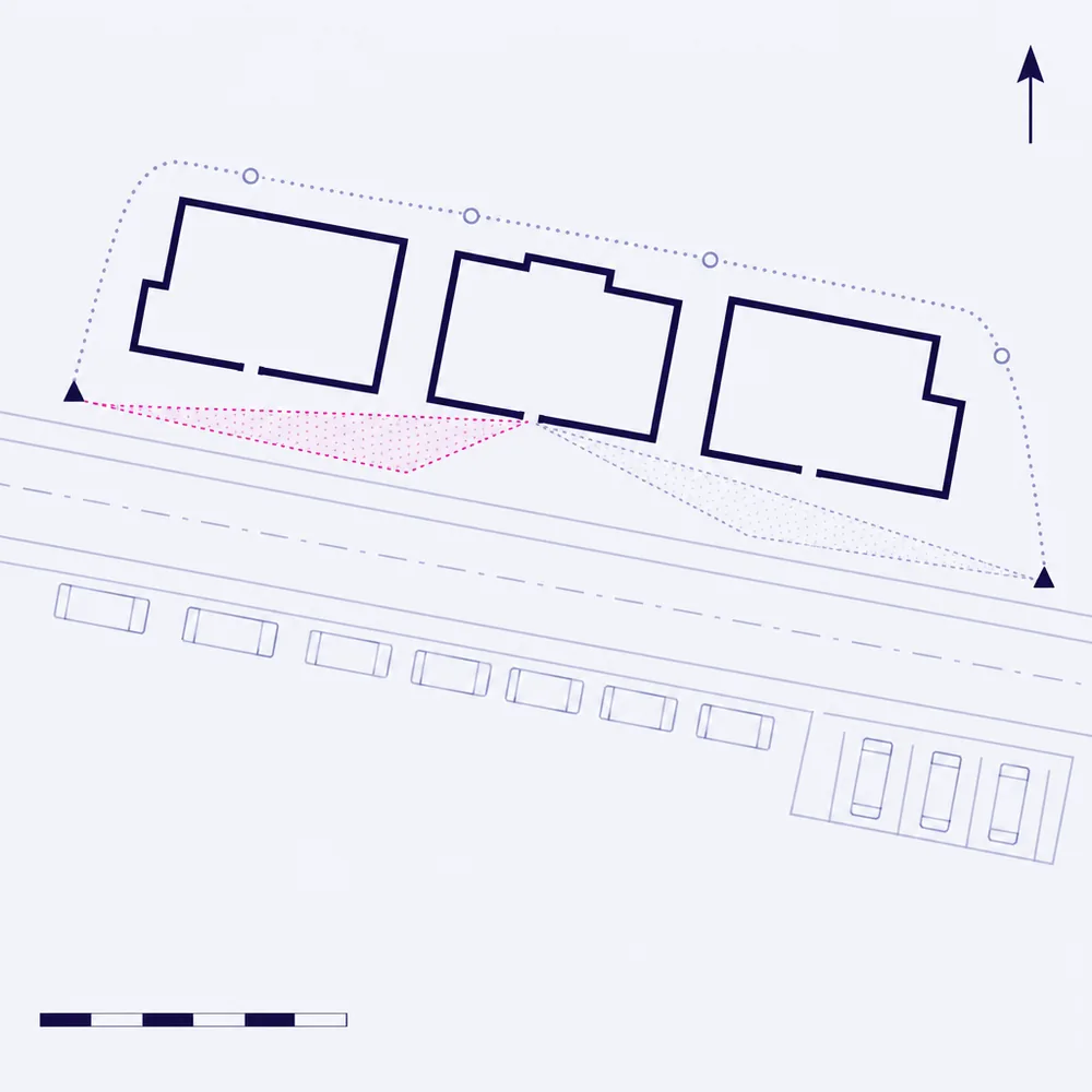 An observation plan of a street: three building footprints, parked vehicles, two fixed positions with their sight lines opening across to an entrance, and a route dotted round the back