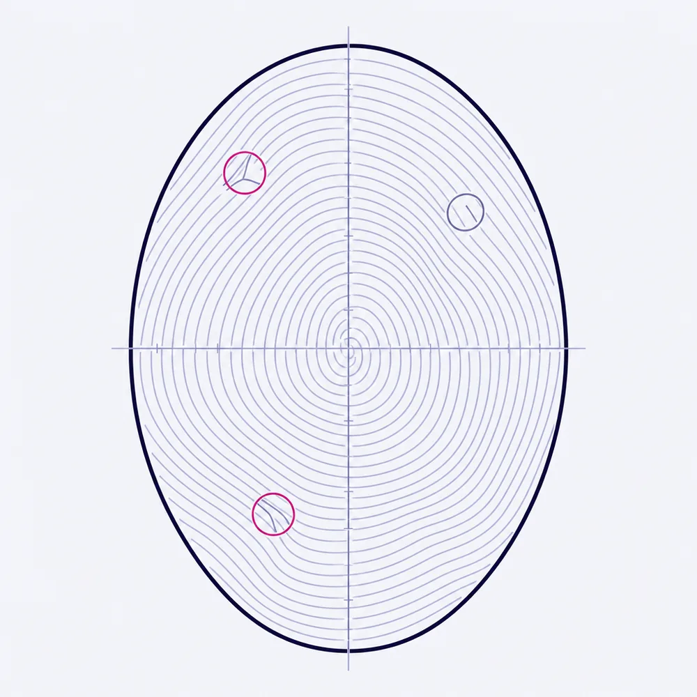 A fingerprint drawn as a contour plate, the ridges looping around a core, with three points circled where a ridge divides or ends