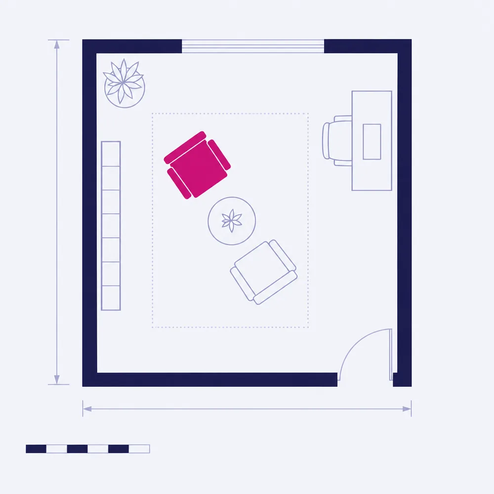 The plan of a consulting room: two armchairs set at an angle to each other with a low table between them, a desk, a bookcase and a window