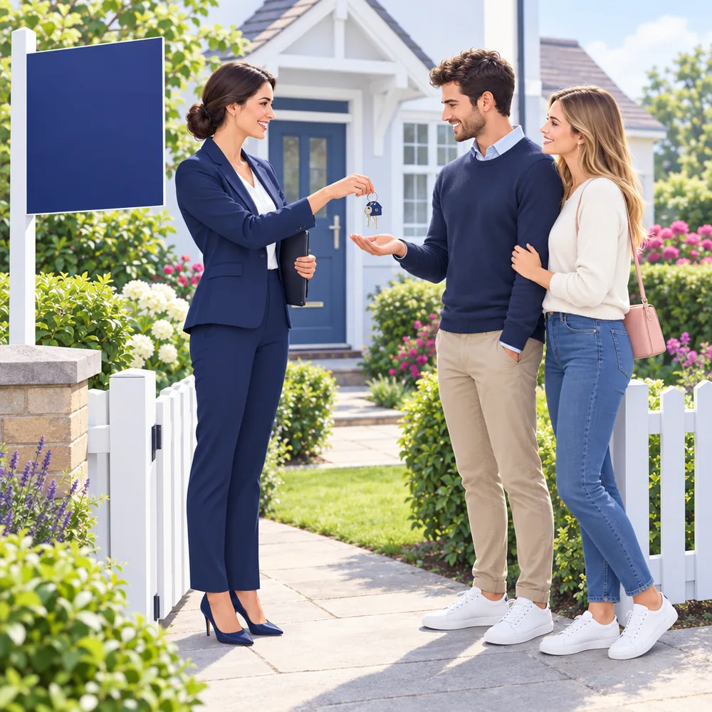 An estate agent handing house keys to a smiling young couple on the path outside a suburban house, a blank agent board by the gate