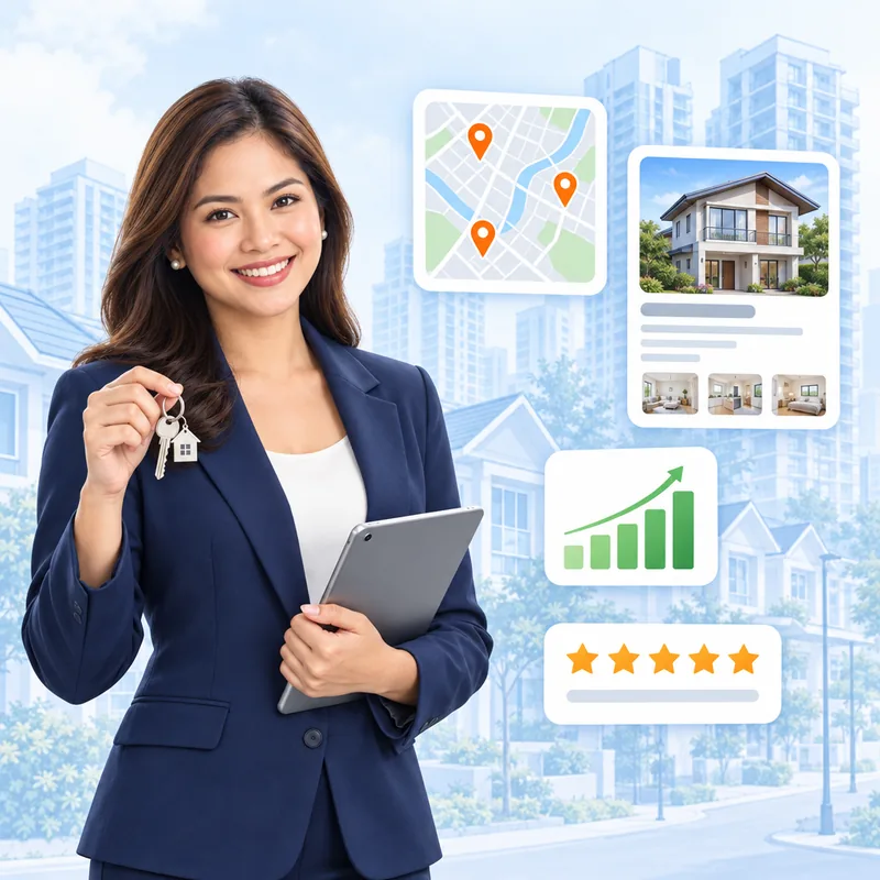 An estate agent holding house keys and a tablet, with property listings and a map of pins beside her