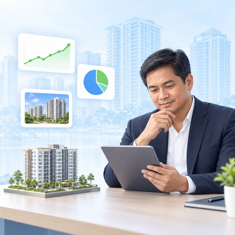 A property investor studying figures on a tablet beside a model apartment block