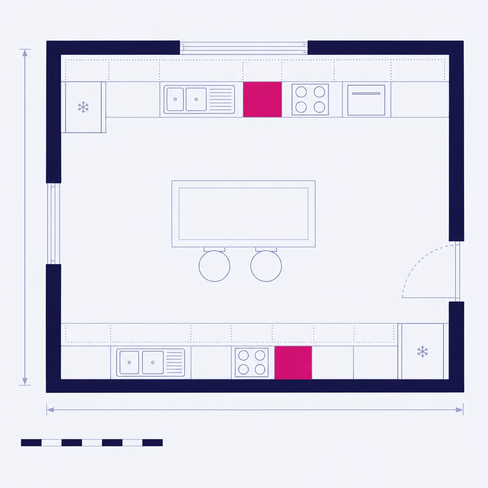 The plan of a fitted kitchen: two runs of base units with the worktop, sink, hob and oven, an island with stools, and the wall cupboards dotted above