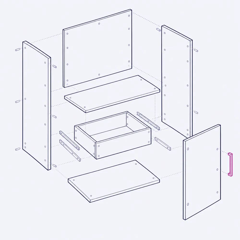 An exploded drawing of a kitchen base unit: the side and back panels, base, shelf, drawer box on its runners, door and handle