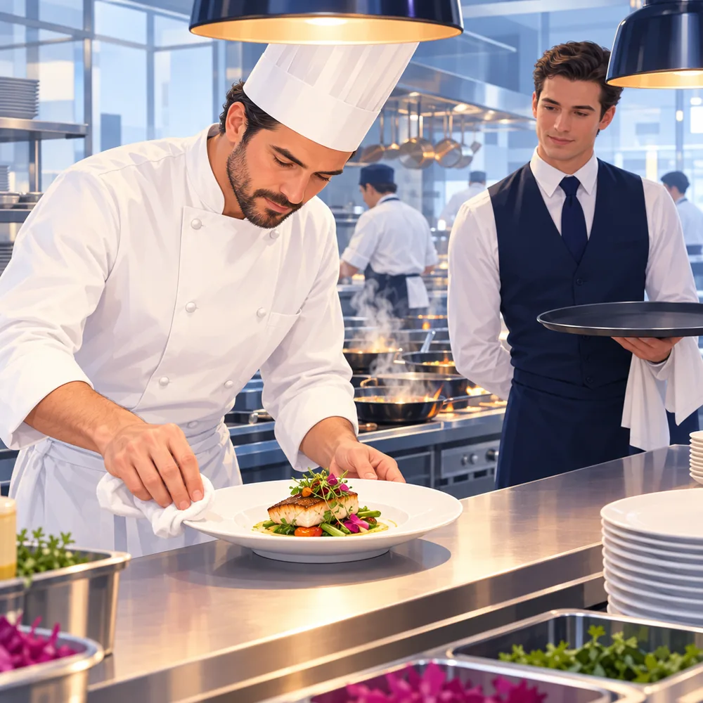 A chef plating a dish at the pass in a busy restaurant kitchen while a waiter waits with a tray