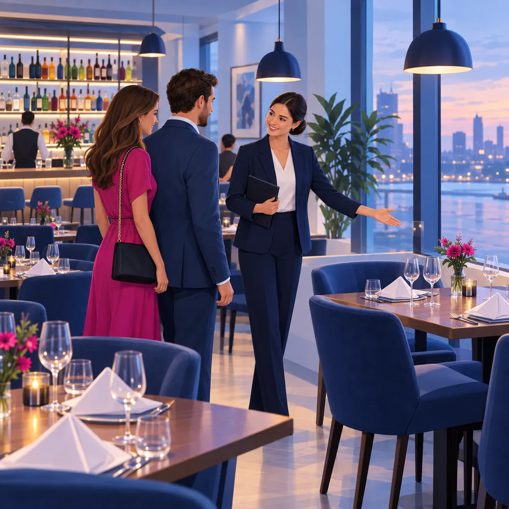 A restaurant dining room in the early evening with tables set, a host showing a couple to their table