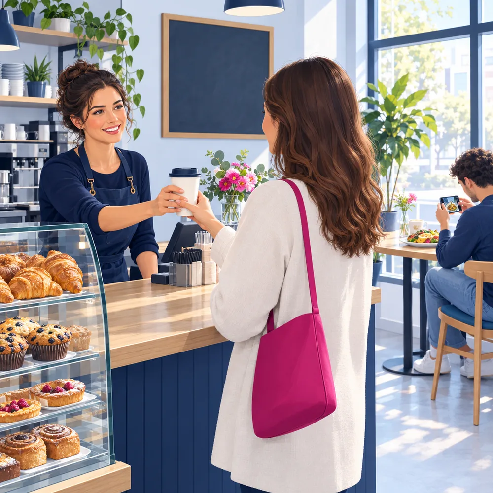 A cafe owner chalking a blank menu board while a customer photographs a plate at a window table