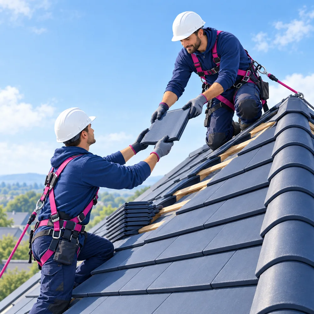 Two roofers in hard hats and harnesses on a pitched roof, one laying a row of tiles and the other passing one up, blue sky behind