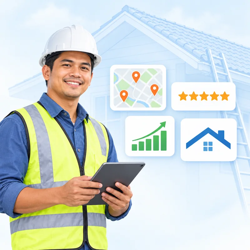 A roofer in a hard hat and safety vest holding a tablet, with a map of location pins and a house icon