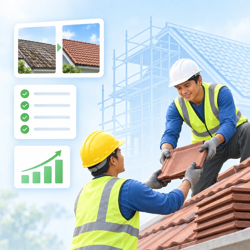 Two roofers passing a tile between them on a roof, with before and after photographs of a finished roof