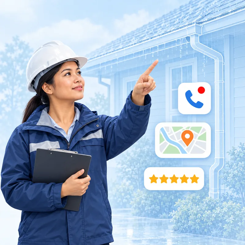 A roofer with a clipboard surveying a roof from the ground, with a call badge and a location pin beside her