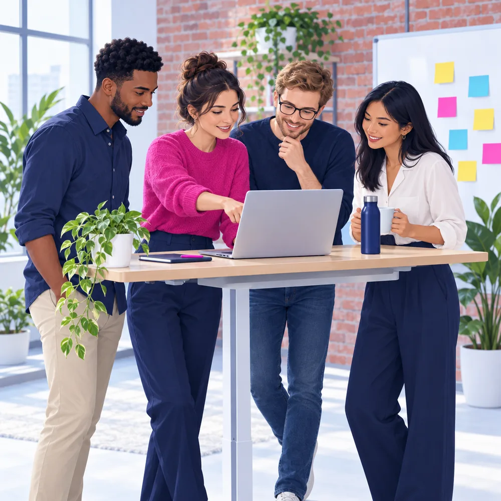A startup team of four gathered around a laptop at a standing desk, one pointing at the screen, a whiteboard of coloured sticky notes behind