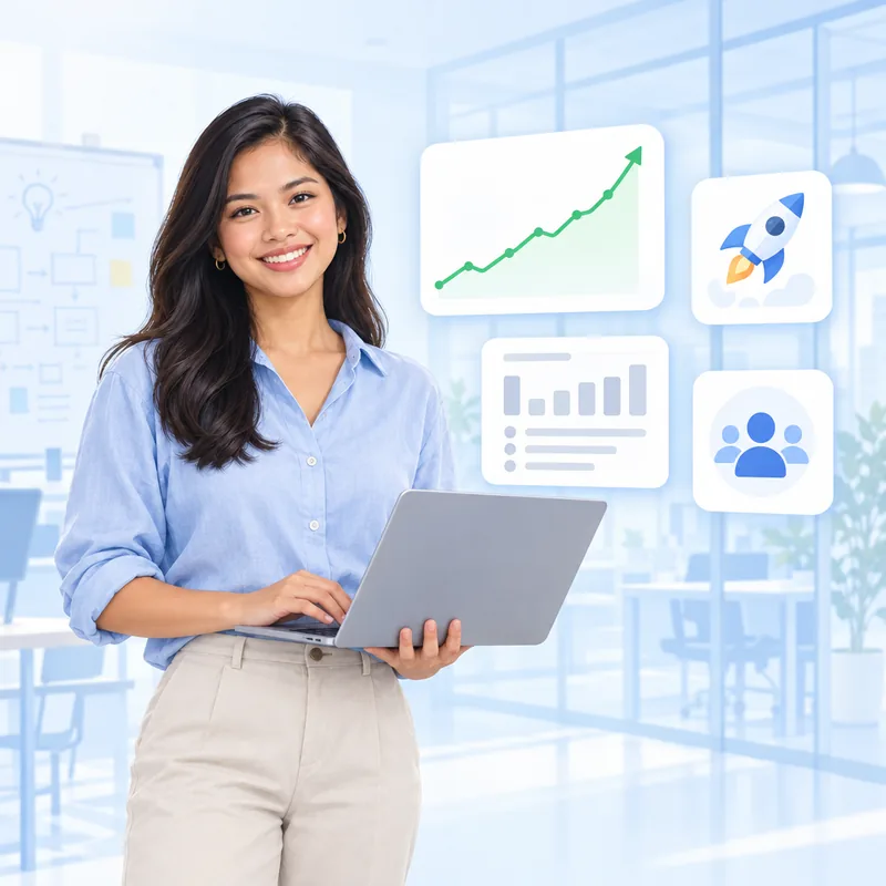 A founder holding an open laptop, with a steeply rising chart, a rocket icon and a product dashboard