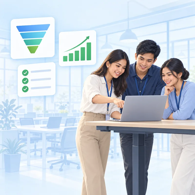 Three colleagues gathered around a laptop at a standing desk, with a conversion funnel beside them