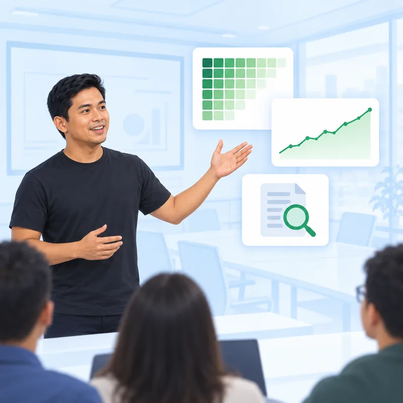 A founder presenting a growth chart to a meeting room, with a cohort grid and a search icon beside him