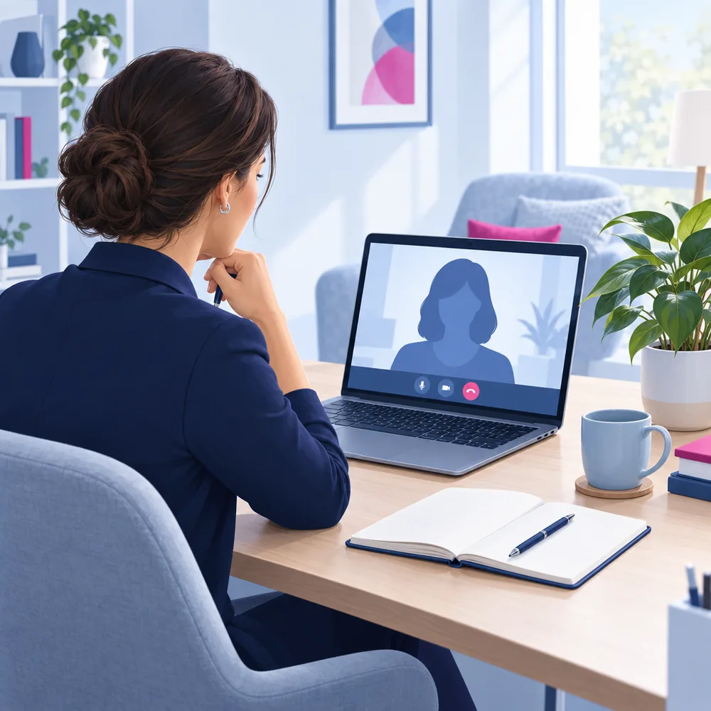 A therapist at a desk on a video call on a laptop, a notebook open beside it, soft daylight