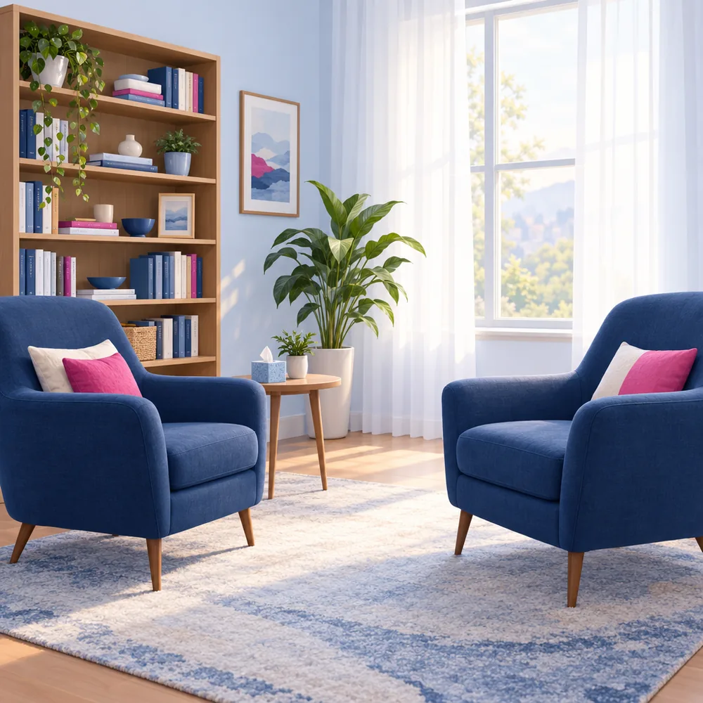 A quiet waiting room in a therapy practice with two armchairs, a bookshelf and a window
