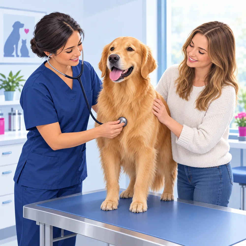 A vet in scrubs with a stethoscope examining a golden retriever standing on an examination table, the owner resting a reassuring hand on the dog