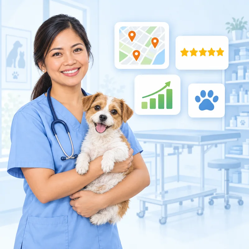 A vet in scrubs holding a small dog, with a map of location pins, a rising chart and a paw print icon