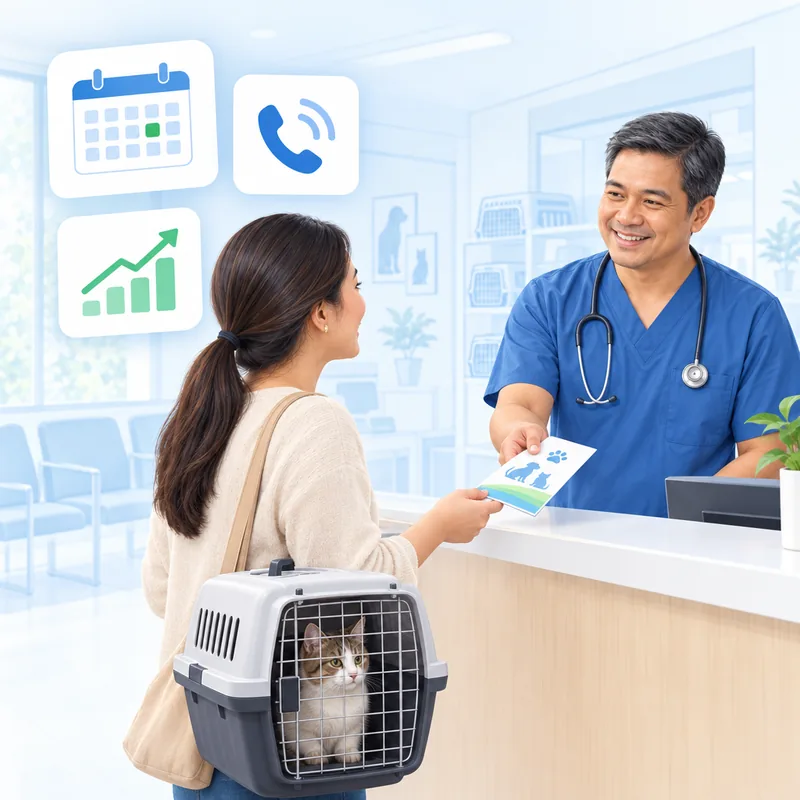 A vet handing a leaflet to an owner with a cat carrier at the clinic reception, with a booking calendar