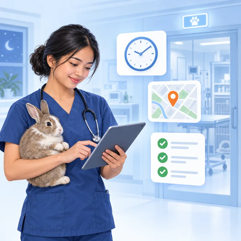 A veterinary nurse holding a rabbit while checking a tablet, with a clock and a checklist beside her