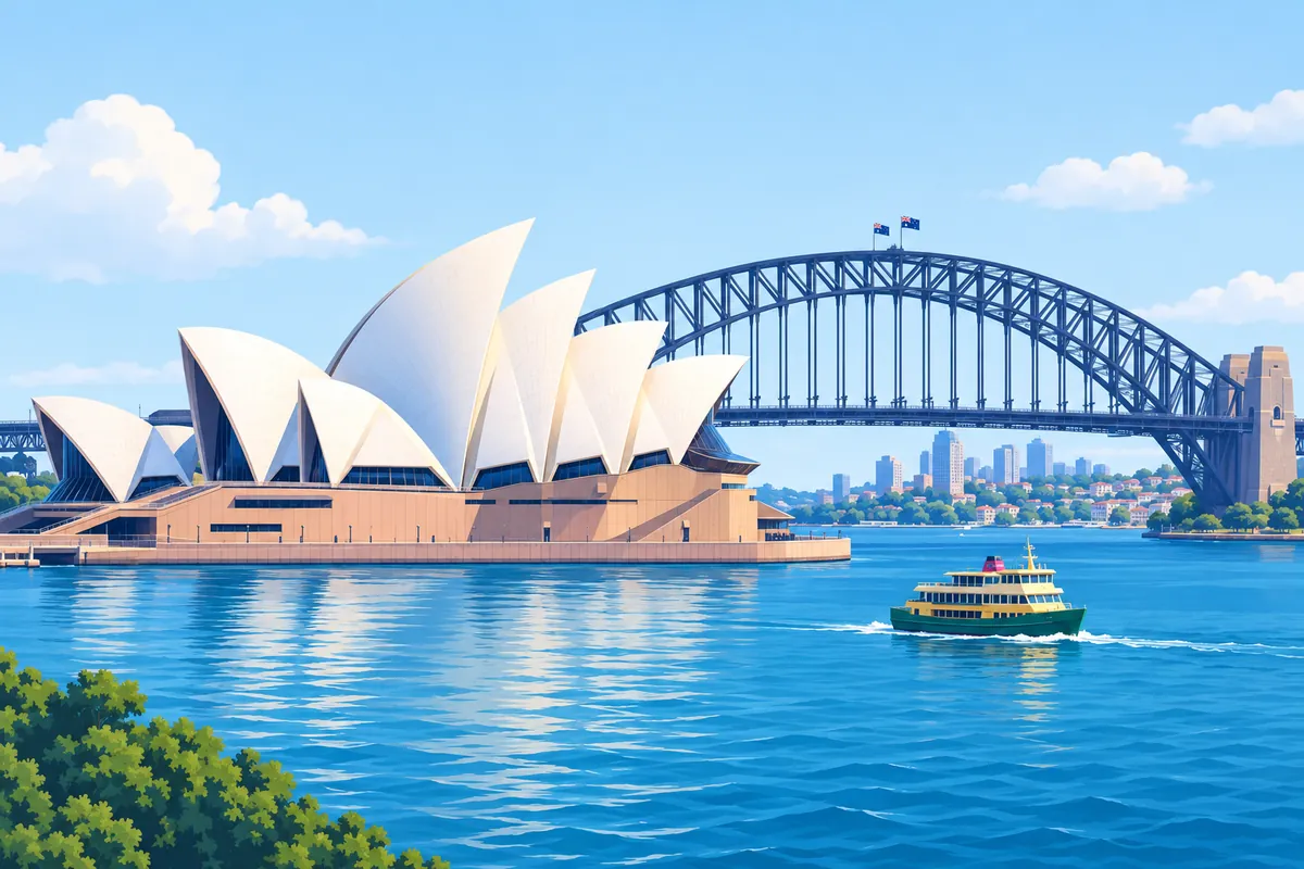The Sydney Opera House on the harbour with the Harbour Bridge arching behind it and a ferry crossing the water