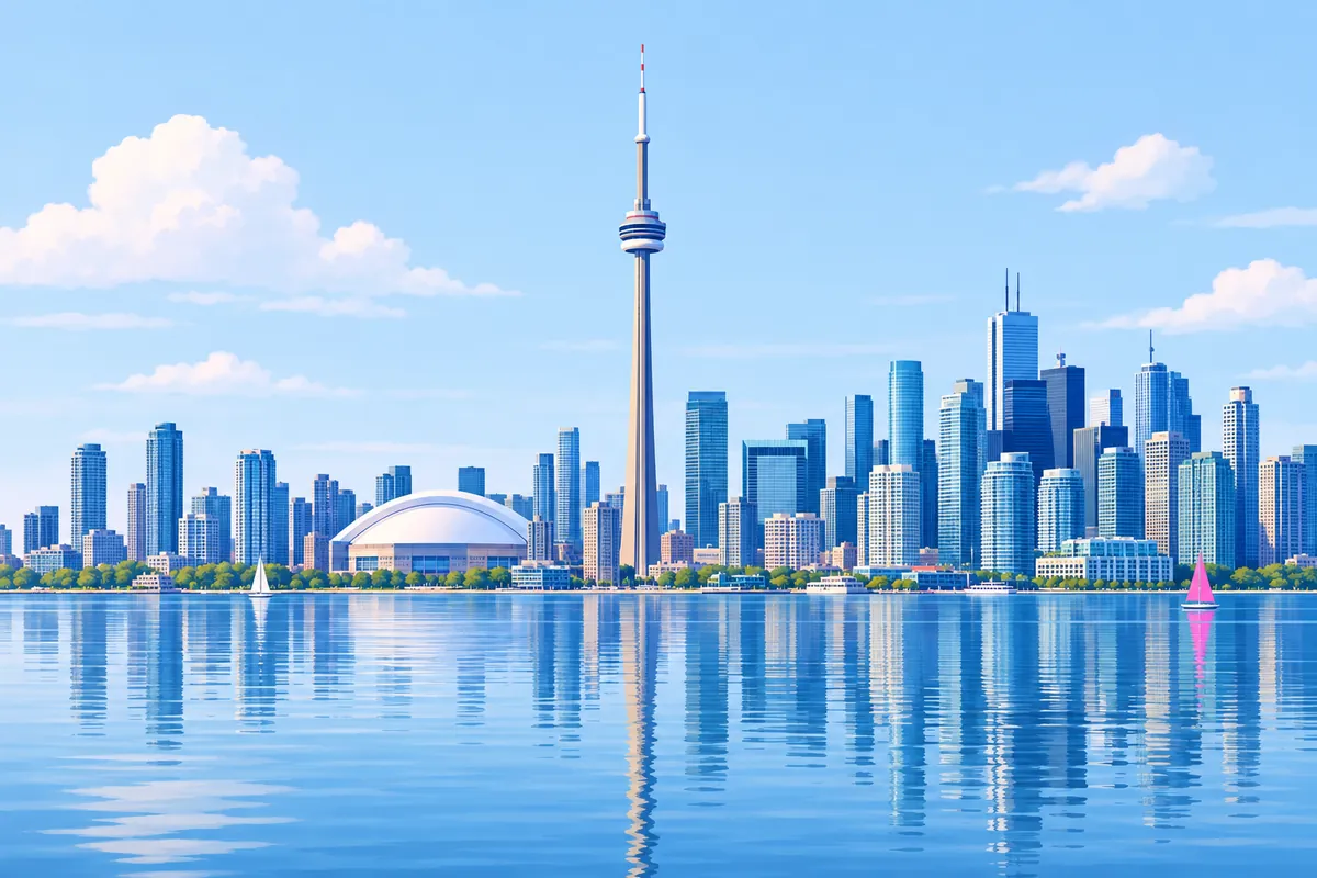 The CN Tower above the Toronto skyline seen across Lake Ontario, its observation pod clear against the glass towers around it