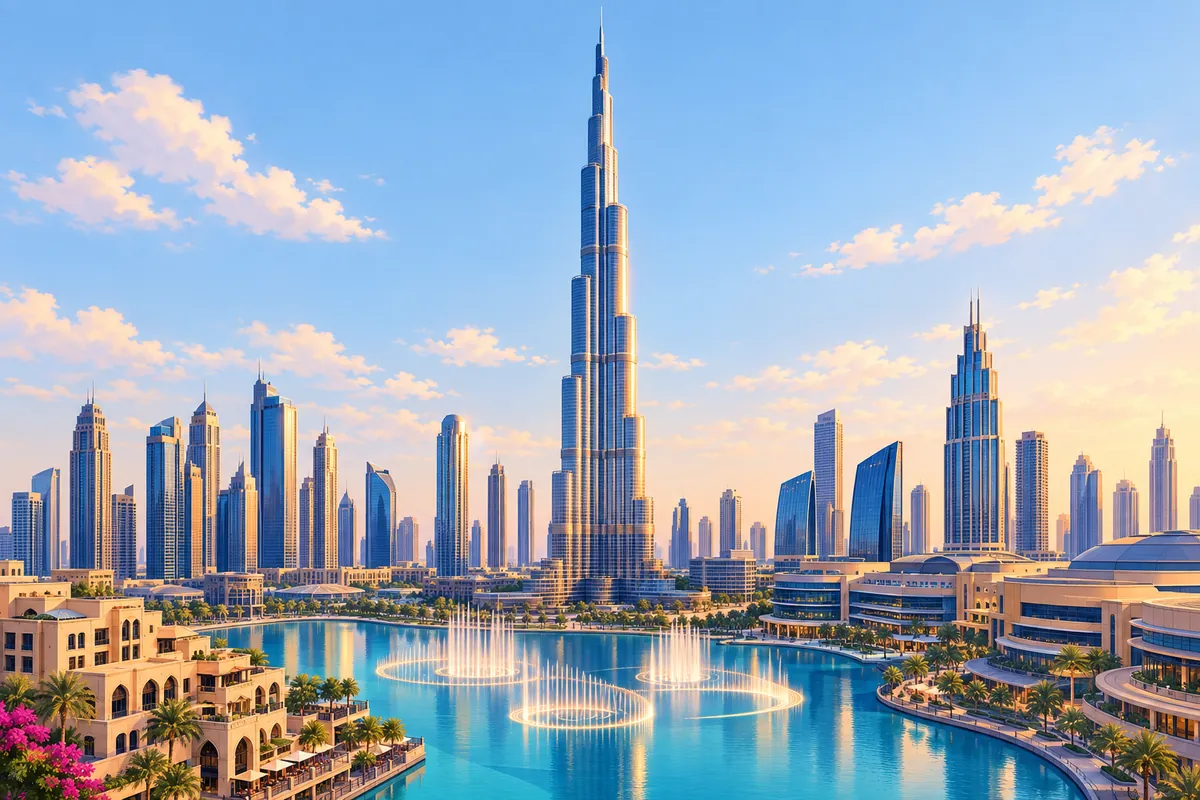 The Burj Khalifa rising above the Dubai skyline, with the surrounding towers stepping down around it and the fountain lake at its base