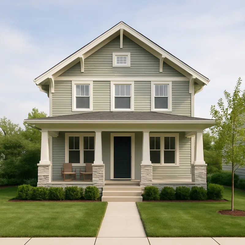 The front of a two-story Craftsman house with grey-green siding, white trim and a deep porch with two chairs, a lawn and a path to the steps under a pale blue sky