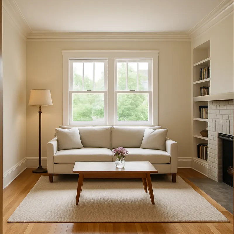 A bright living room with oak floors, a pale sofa under a tall window, a wooden coffee table with pink flowers, a floor lamp and built-in shelves beside a fireplace